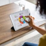 Woman working at home creating a marketing plan on a tablet computer - focus on foreground concepts