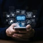 Affiliate marketing concept. Businessman Influencer using phone with affiliate marketing icons. Digital Marketing. Marketing strategies to advertise products and services. New business.