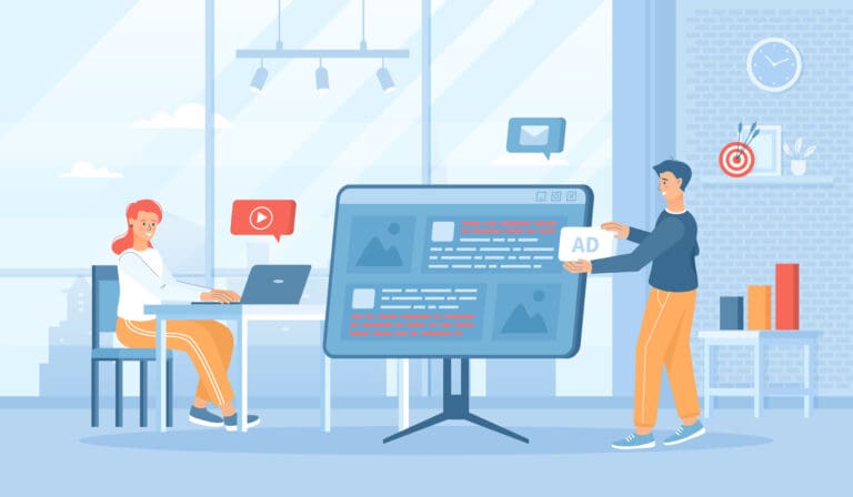 Native advertising. Promotion strategy using Content marketing, Sponsored articles. Flat cartoon vector illustration with people characters for banner, website design or landing web page