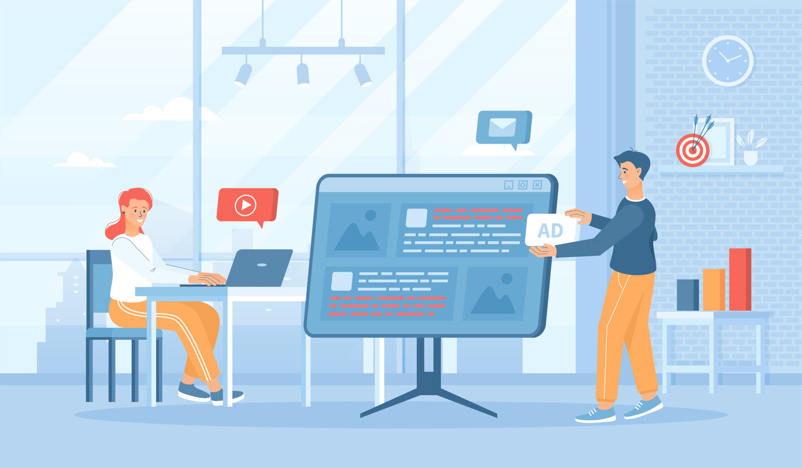 Native advertising. Promotion strategy using Content marketing, Sponsored articles. Flat cartoon vector illustration with people characters for banner, website design or landing web page